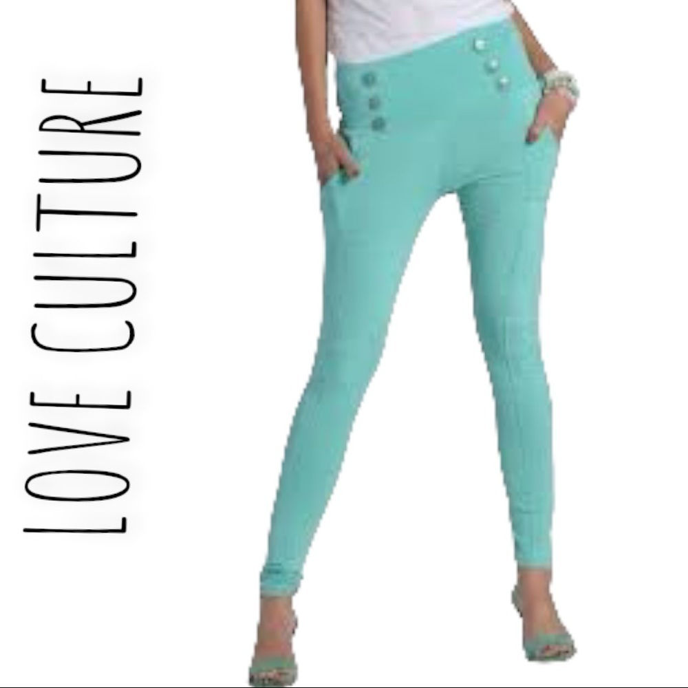 LOVE CULTURE AQUA GREEN DOUBLE BREASTED‎ LEGGINGS SZ S